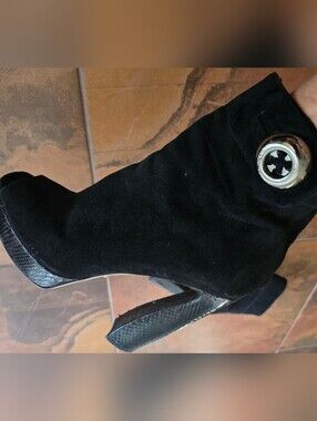 Prada Black Suede Platform Ankle Boots with Decorative Emblem